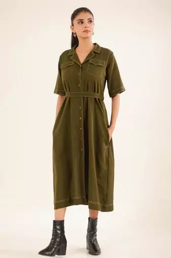 Olive green front open button down dress