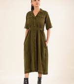 Olive green front open button down dress