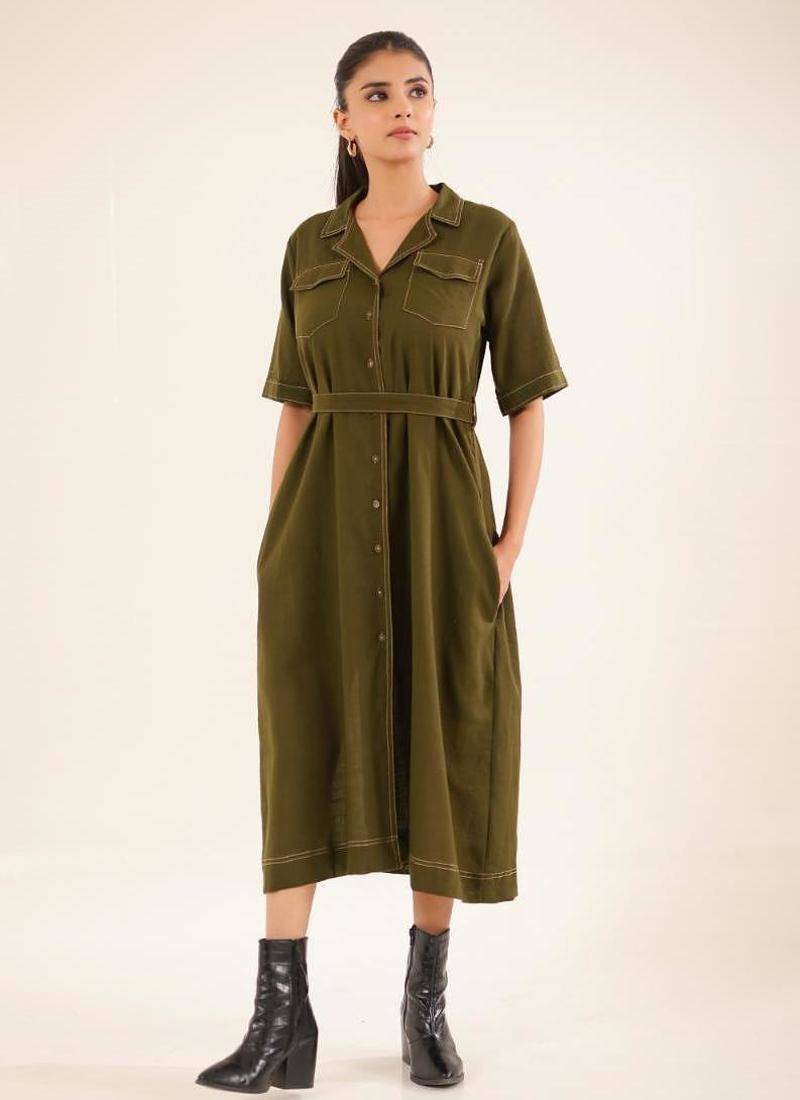 Olive green front open button down dress