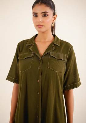 Olive green front open button down dress 2
