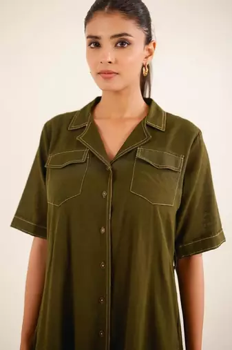 Olive green front open button down dress