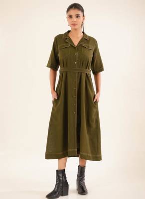 Olive green front open button down dress 3