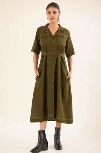 Olive green front open button down dress