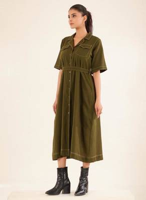 Olive green front open button down dress 4