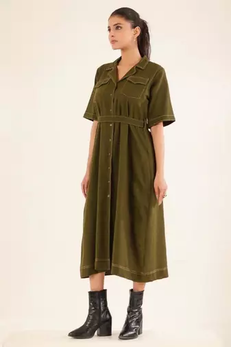 Olive green front open button down dress
