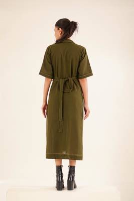 Olive green front open button down dress 5