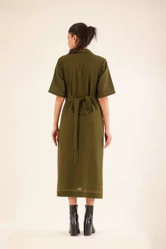 Olive green front open button down dress