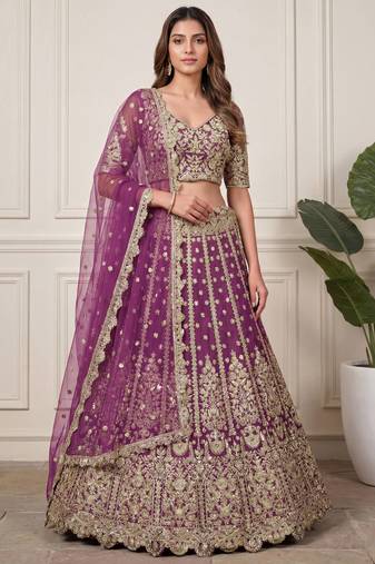 purple embroidered soft net lehenga set choli with dupatta