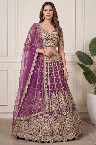 purple embroidered soft net lehenga set choli with dupatta
