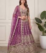 purple embroidered soft net lehenga set choli with dupatta
