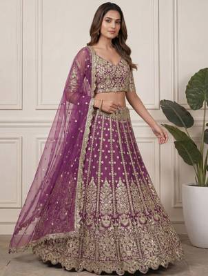 purple embroidered soft net lehenga set choli with dupatta 2