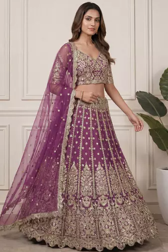 purple embroidered soft net lehenga set choli with dupatta