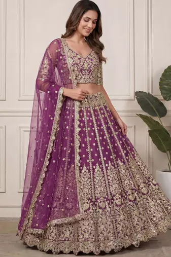 purple embroidered soft net lehenga set choli with dupatta