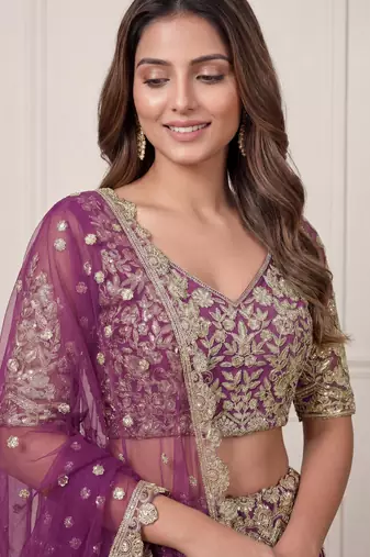 purple embroidered soft net lehenga set choli with dupatta