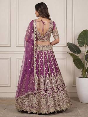purple embroidered soft net lehenga set choli with dupatta 5