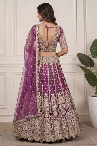 purple embroidered soft net lehenga set choli with dupatta