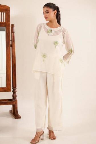 White green block print top and palazzo