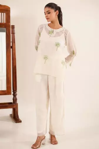 White green block print top and palazzo