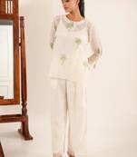White green block print top and palazzo