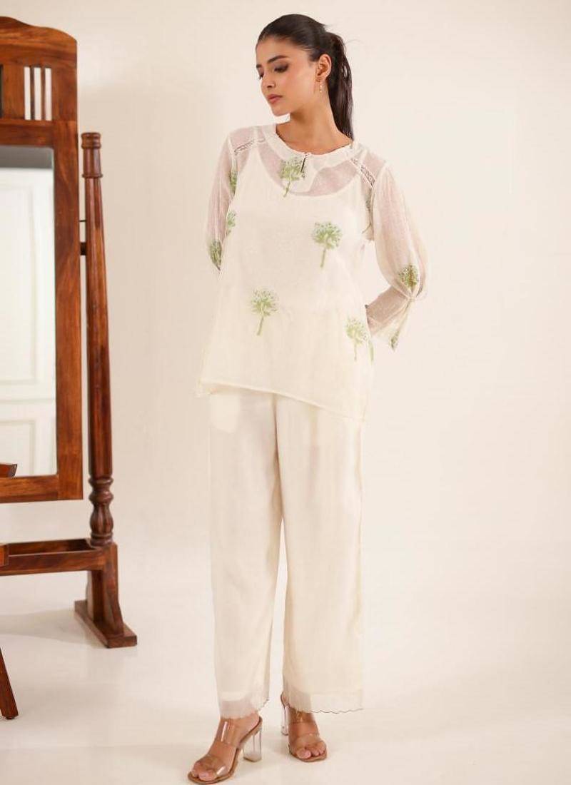 White green block print top and palazzo