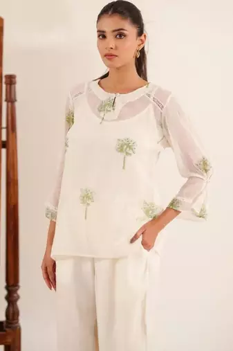 White green block print top and palazzo