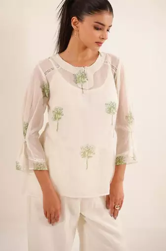White green block print top and palazzo