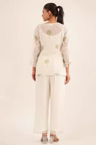 White green block print top and palazzo