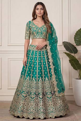 green embroidered soft net lehenga set choli with dupatta