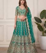 green embroidered soft net lehenga set choli with dupatta