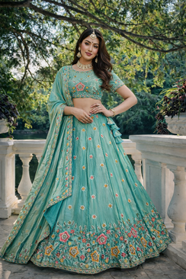 aqua blue fendi silk lehenga choli with dupatta 1