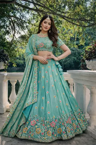 aqua blue fendi silk lehenga choli with dupatta