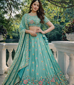 aqua blue fendi silk lehenga choli with dupatta
