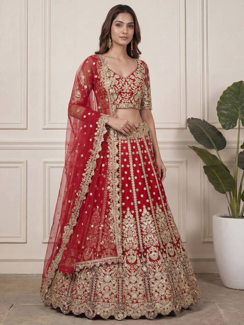 red zari embroidered net lehenga set choli with dupatta