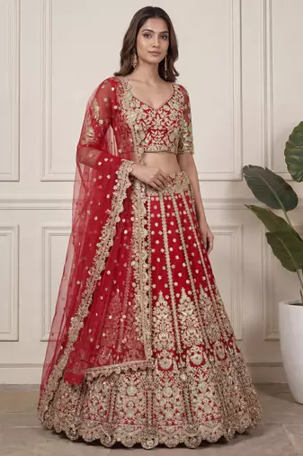 red zari embroidered net lehenga set choli with dupatta