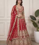 red zari embroidered net lehenga set choli with dupatta
