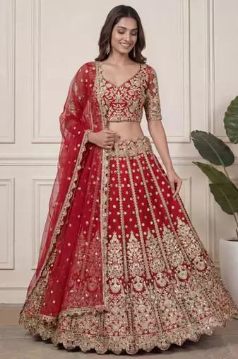 red zari embroidered net lehenga set choli with dupatta