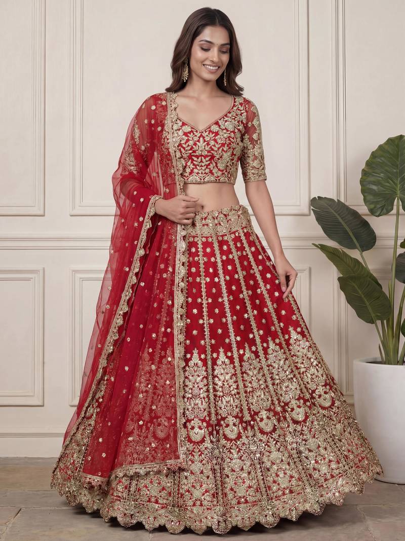 red zari embroidered net lehenga set choli with dupatta