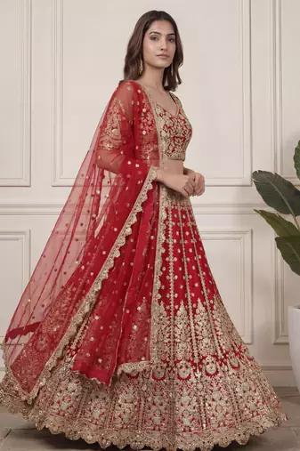 red zari embroidered net lehenga set choli with dupatta