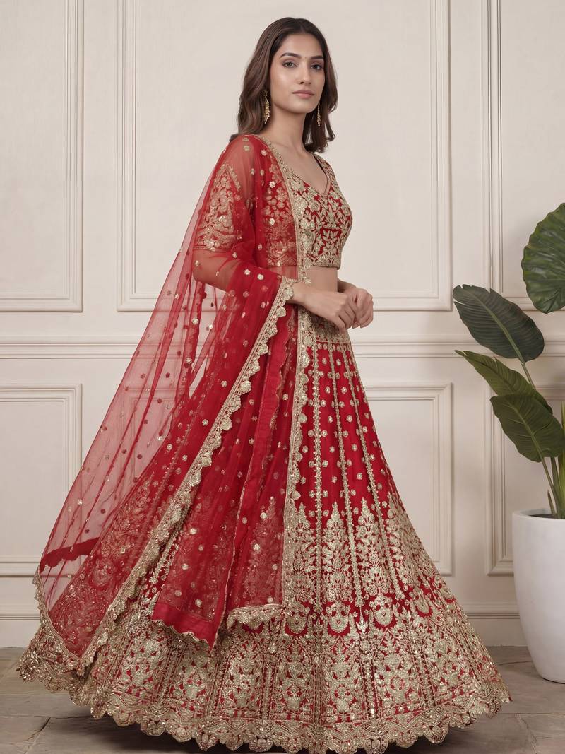 red zari embroidered net lehenga set choli with dupatta