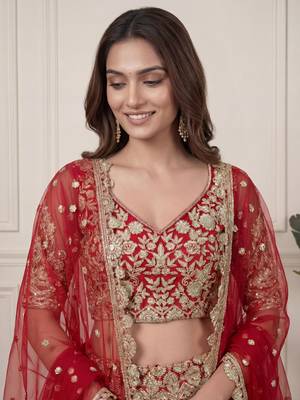 red zari embroidered net lehenga set choli with dupatta 4