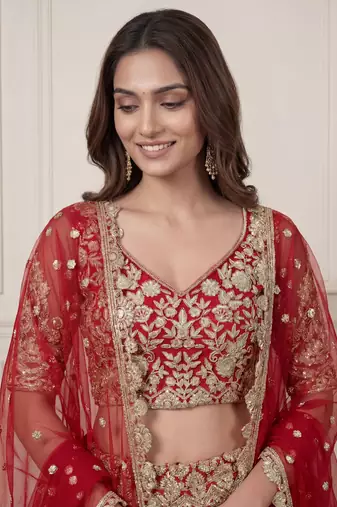 red zari embroidered net lehenga set choli with dupatta