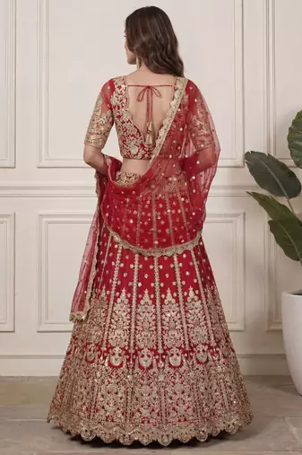 red zari embroidered net lehenga set choli with dupatta