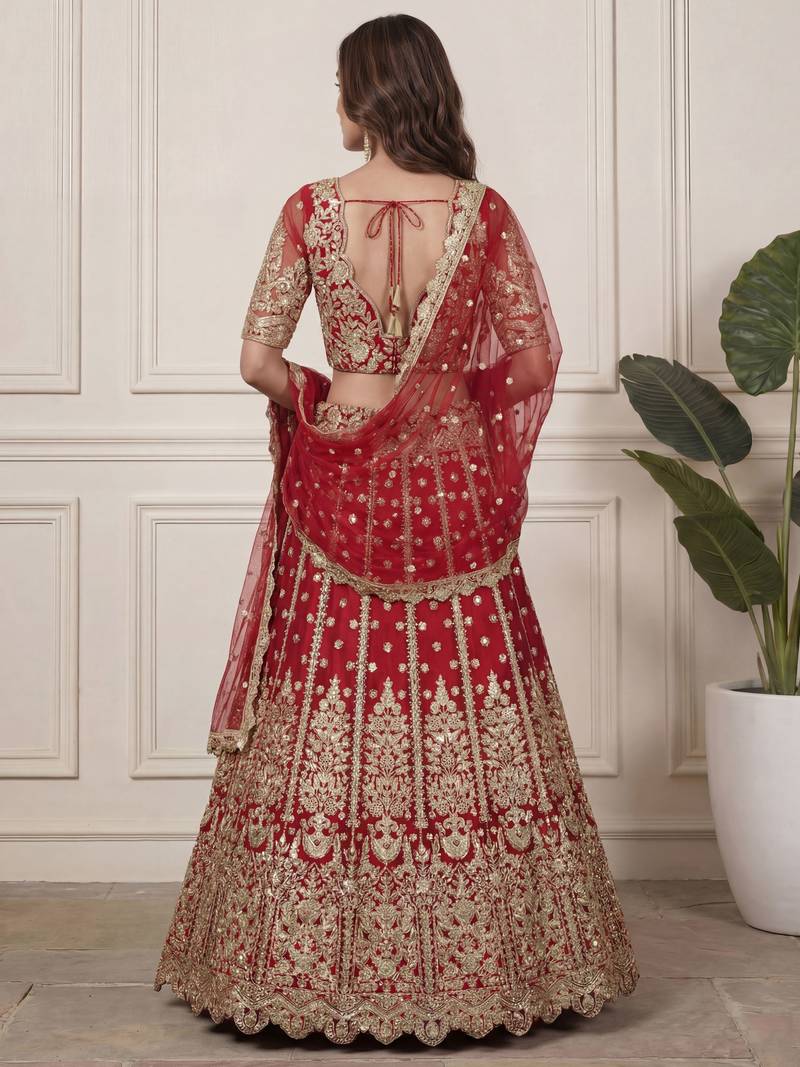 red zari embroidered net lehenga set choli with dupatta