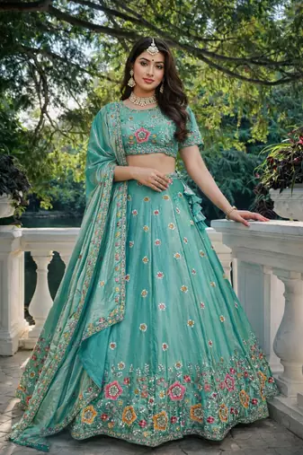 aqua blue fendi silk lehenga choli with dupatta