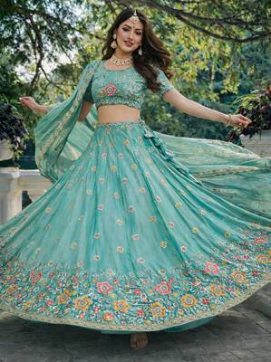 aqua blue fendi silk lehenga choli with dupatta 3