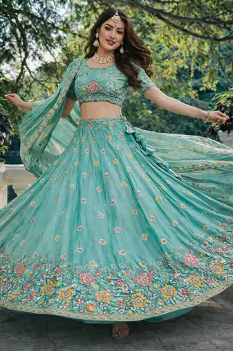 aqua blue fendi silk lehenga choli with dupatta