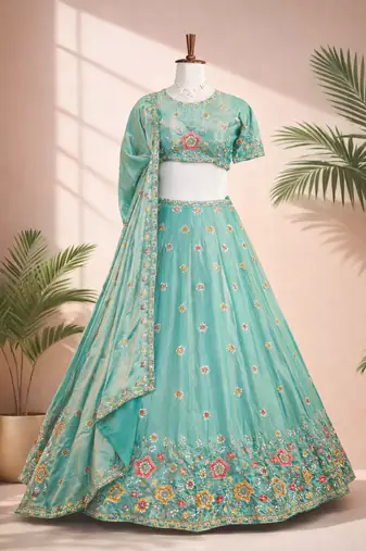 aqua blue fendi silk lehenga choli with dupatta