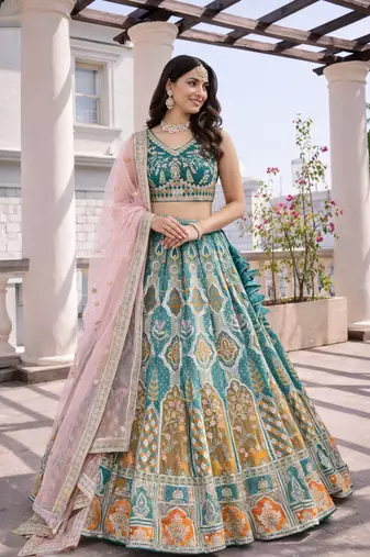 teal green simmer silk lehenga choli with dupatta
