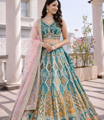 teal green simmer silk lehenga choli with dupatta