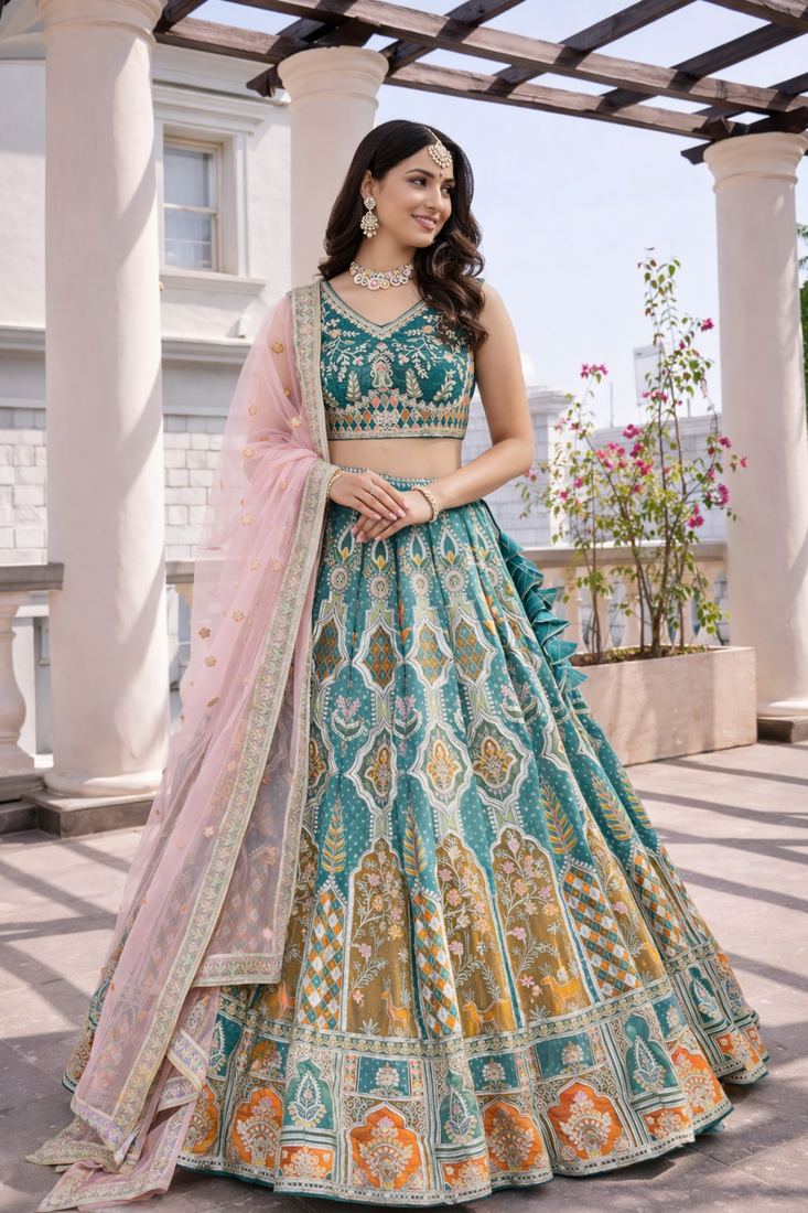 teal green simmer silk lehenga choli with dupatta